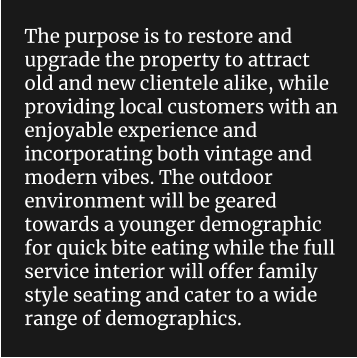 The purpose is to restore and upgrade the property to attract old and new clientele alike, while providing local customers with an enjoyable experience and incorporating both vintage and modern vibes. The outdoor environment will be geared towards a younger demographic for quick bite eating while the full service interior will offer family style seating and cater to a wide range of demographics.